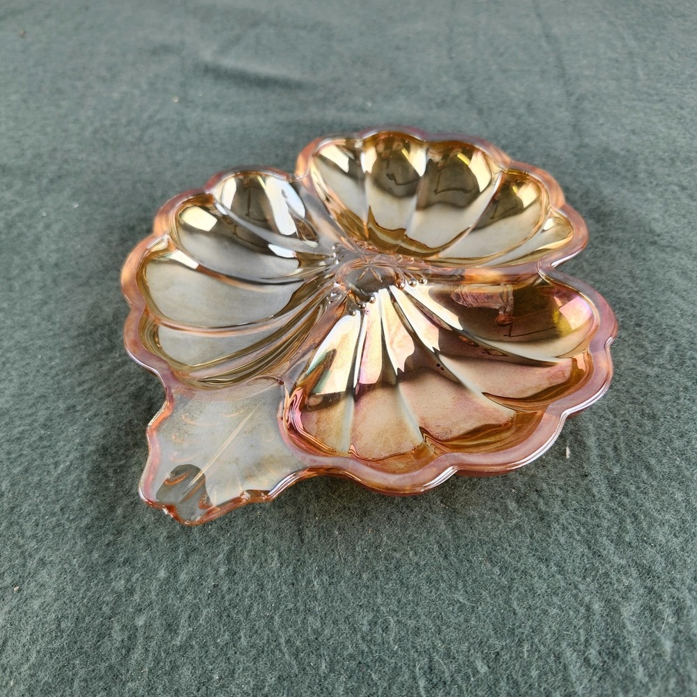 Vintage‎ Jeannette Marigold Carnival Glass Clover Trinket Candy Dish Vintage